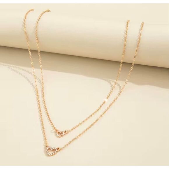 Double Layer Heart Rhinestone Zircon Necklace Set - Picture 2 of 6